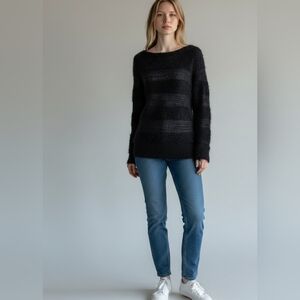 Loft Fuzzy Teddy Sweater Sheer Stripes Black Med Wool Blend WhimsyGoth Mobwife